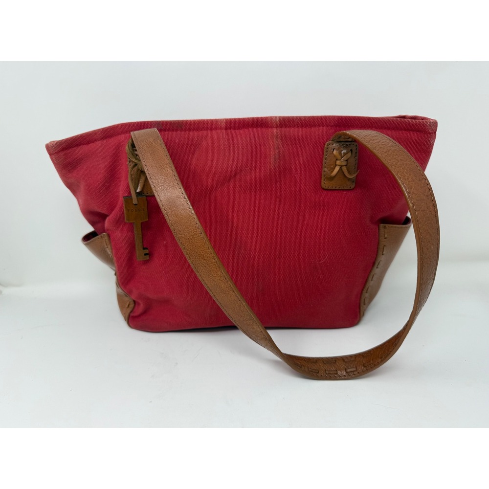 Fossil Red Canvas Brown Leather Trim Tote Shoulder Bag Whipstitch Key‎ Charm
